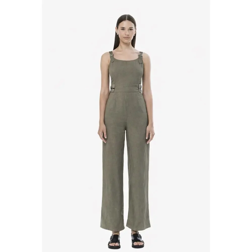 Jonny Cota Women's Chick Buckle Gray Linen Overalls Jumpsuit S Wide‎ Leg Luxury